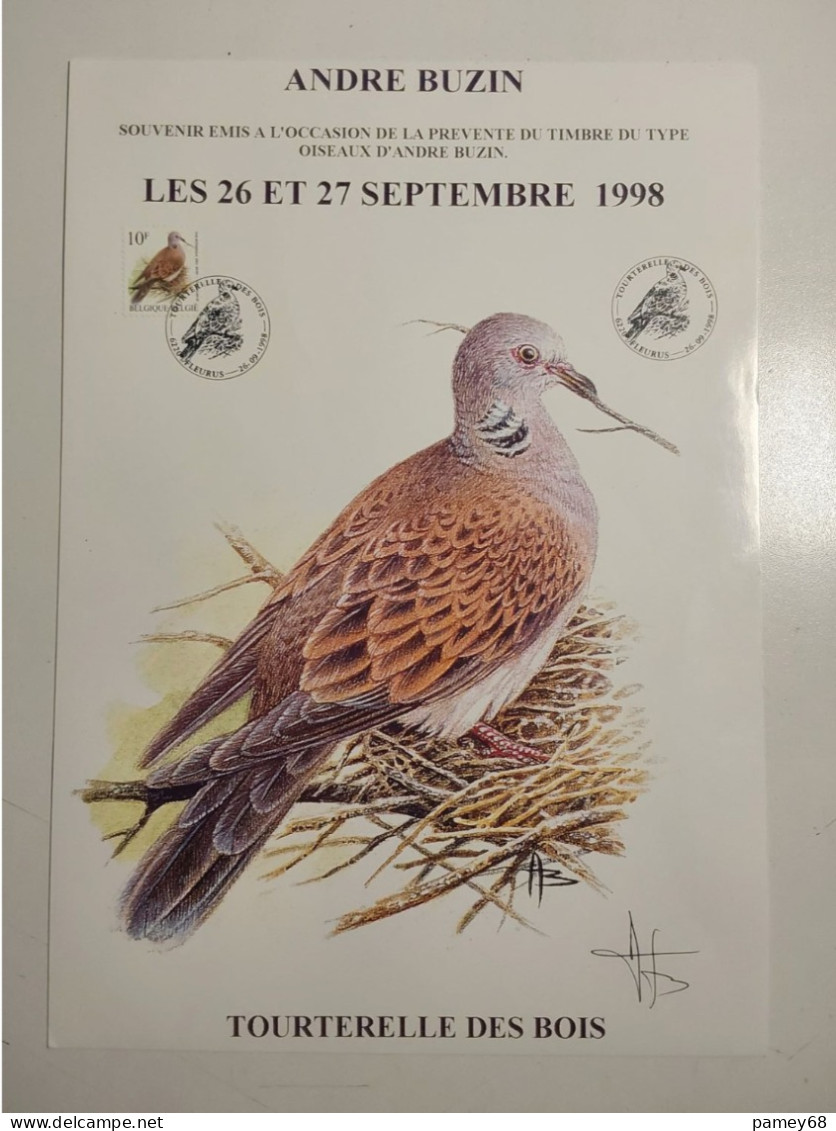 Souvenir Oiseaux André Buzin 26/27 Septembre 1998 Avec Signature Tourterelle Des Bois. - 1985-.. Birds (Buzin)