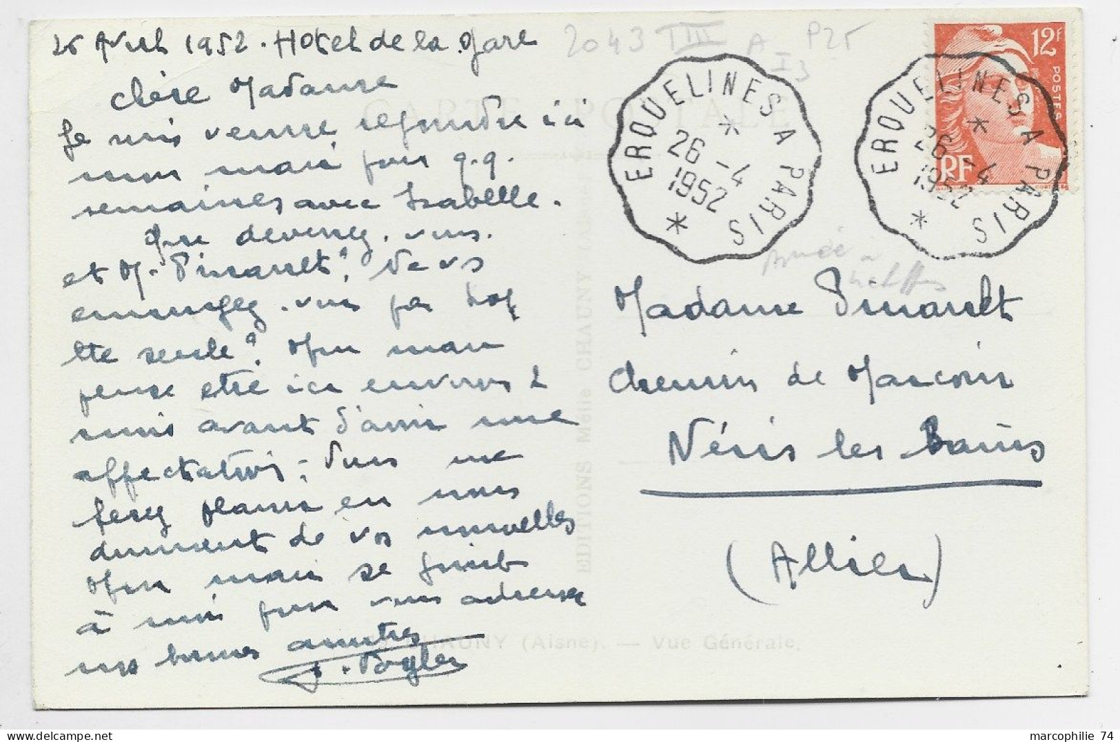 GANDON 12FR ORANGE CARTE CHAUNY AISNE CONVOYEUR ERQUELINES A PARIS 26.4.1952 - Railway Post