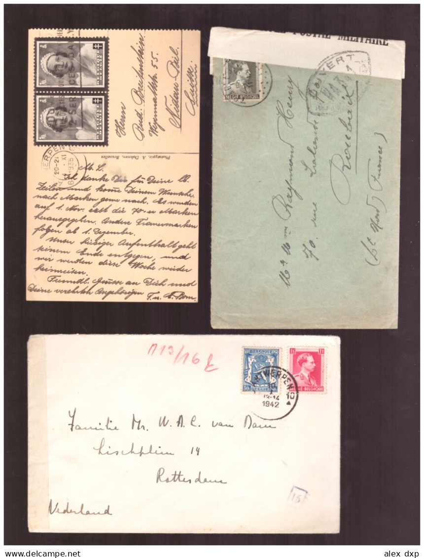 BELGIUM (LOT-2) > 1935-1942 POSTAL HISTORY > Censored Covers To France And Netherlands + Postcard To Switzerland - Briefe U. Dokumente