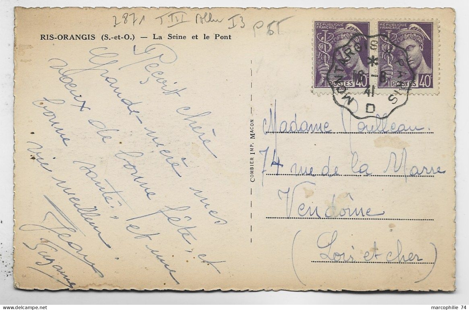 MERCURE 40C PAIRE  CARTE RIS ORANGIS CONVOYEUR MONTARGIS A PARIS 16.8.41 D - Poste Ferroviaire