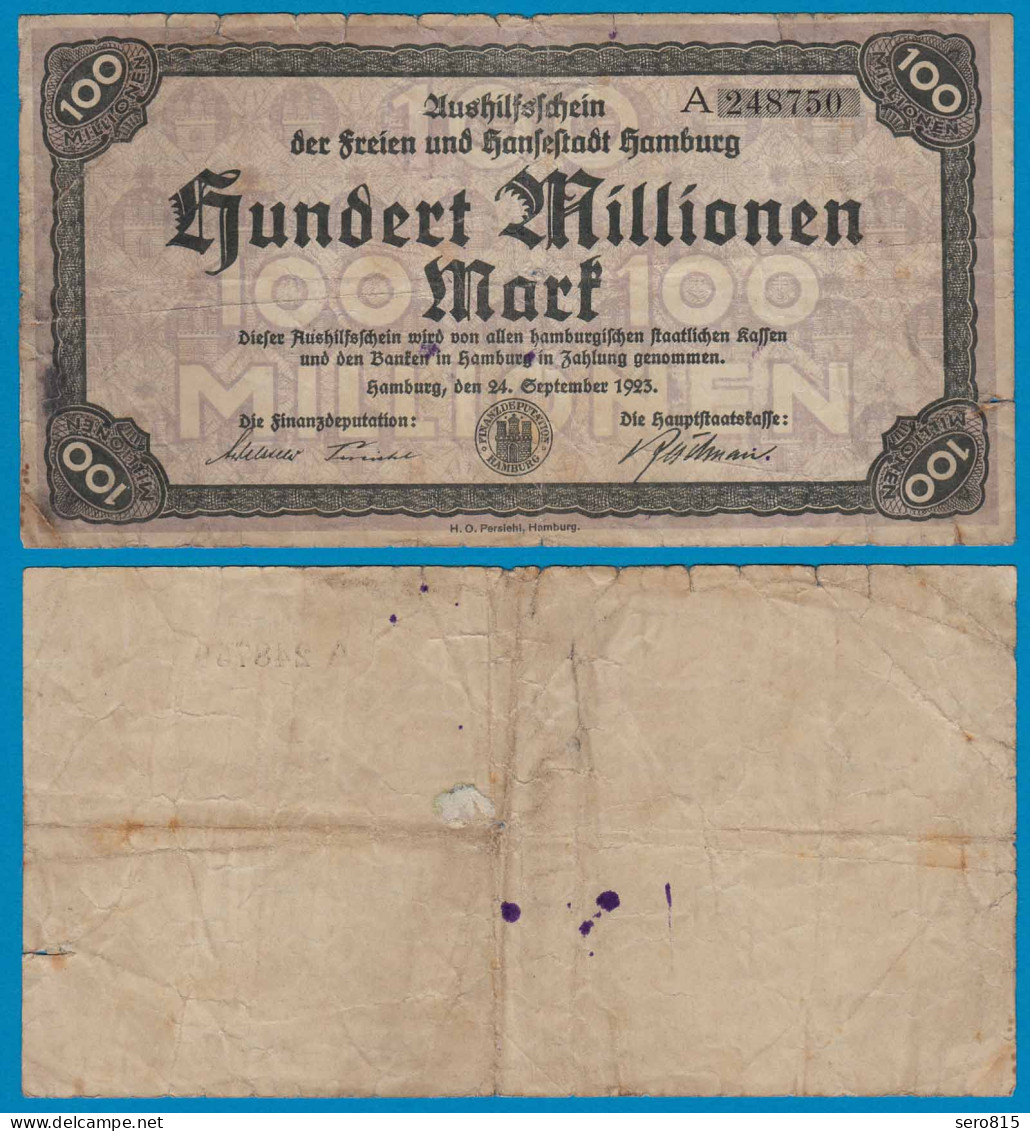 Hamburg 100 Millionen Mark 1923 Aushilfschein Notgeld Gebraucht  (18991 - Otros & Sin Clasificación