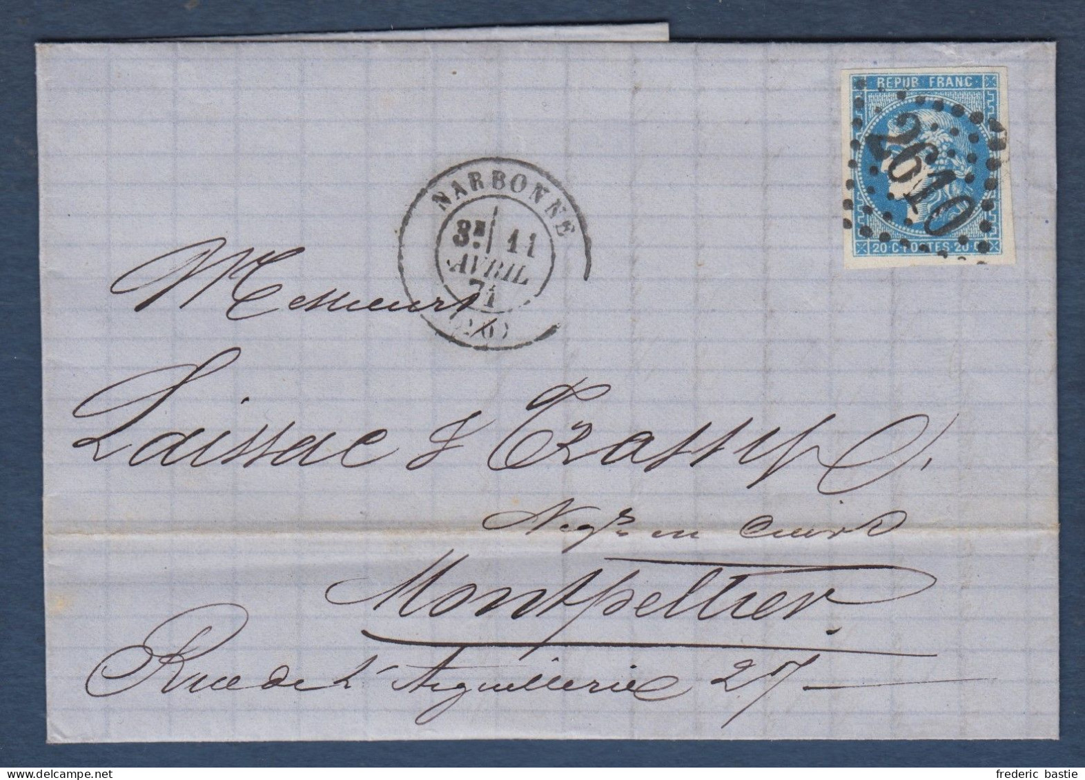 Bordeaux N° 46B  Sur  Lettre  De Narbonne - Cote : 30 € - 1870 Uitgave Van Bordeaux