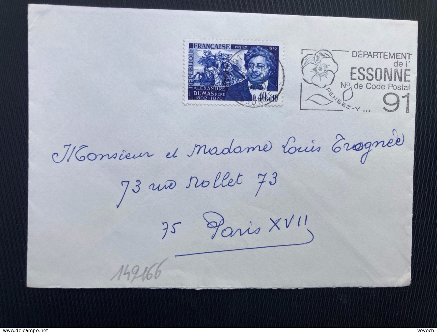 LETTRE YT 1628 ALEXANDRE DUMAS 0,40+0,10 OBL.MEC.28-9 1970 91 MASSY ESSONNE N° DE CODE POSTAL - Covers & Documents