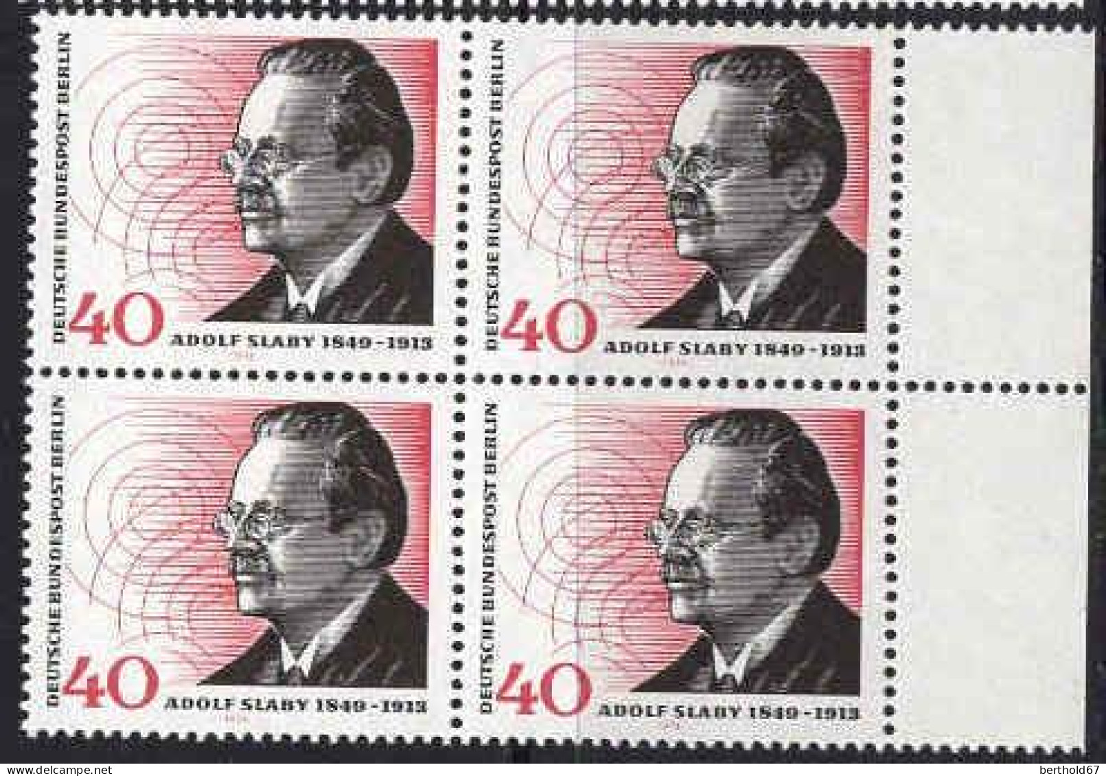 Berlin Poste N** Yv:435 Mi:467 Adolf Slaby Technicien De La Radio (Bloc De 4) - Unused Stamps