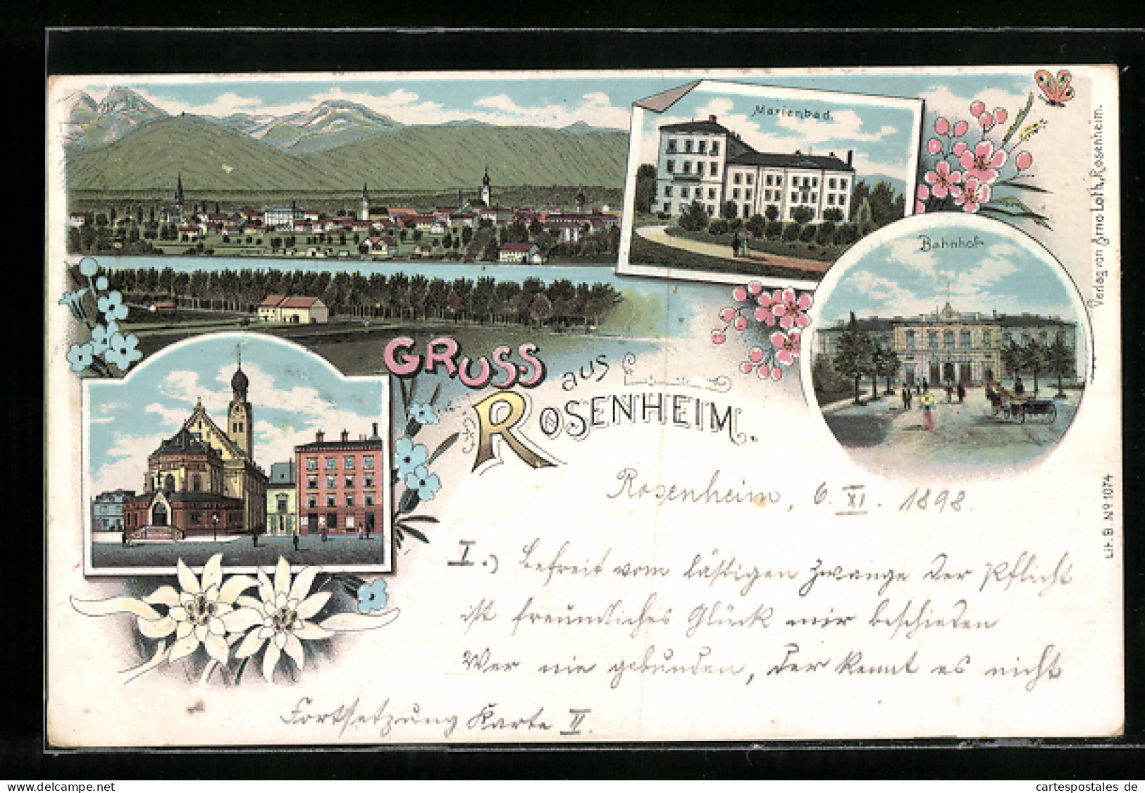 Lithographie Rosenheim, Marienbad, Bahnhof Und Panorama  - Rosenheim