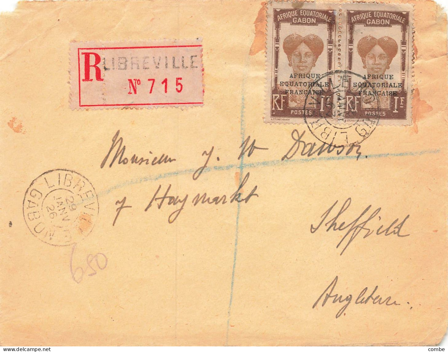 LETTRE. DEVANT. 29 JANV 26. RECOIMMANDE LIBREVILLE POUR ANGLETERRE - Lettres & Documents