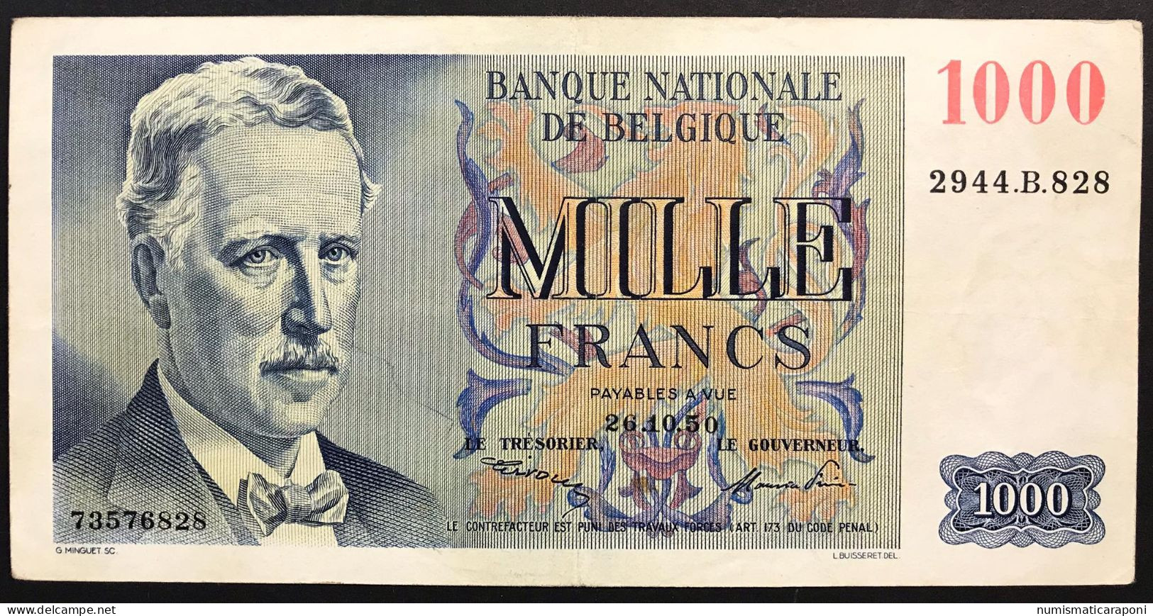 Belgio BELGIUM 1000 Franchi 1950 Pick#131 Bel BB Lotto 390 - 500 Francs