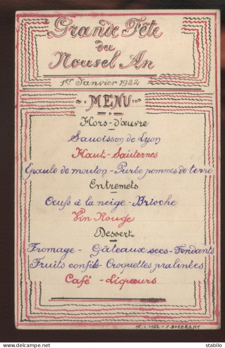 MENU - NOUVEL AN 1922 SUR CARTE FRANCHISE MILITAIRE - Menus