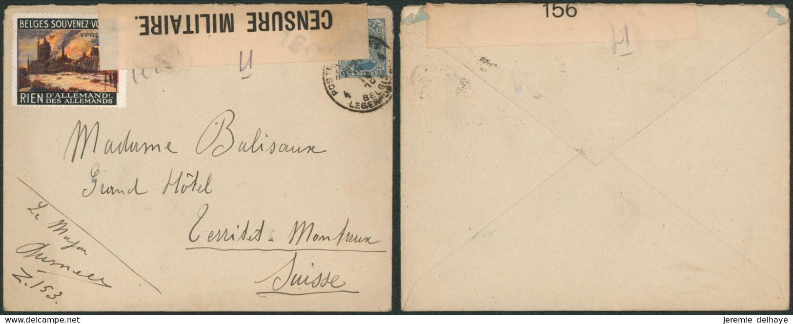 Guerre 14-18 - N°141 Sur Lettre Obl P.M.B. 4 (16/7/18) + Bandelette De Censure & Vignette > Territet-Montreux (Suisse) - Army: Belgium