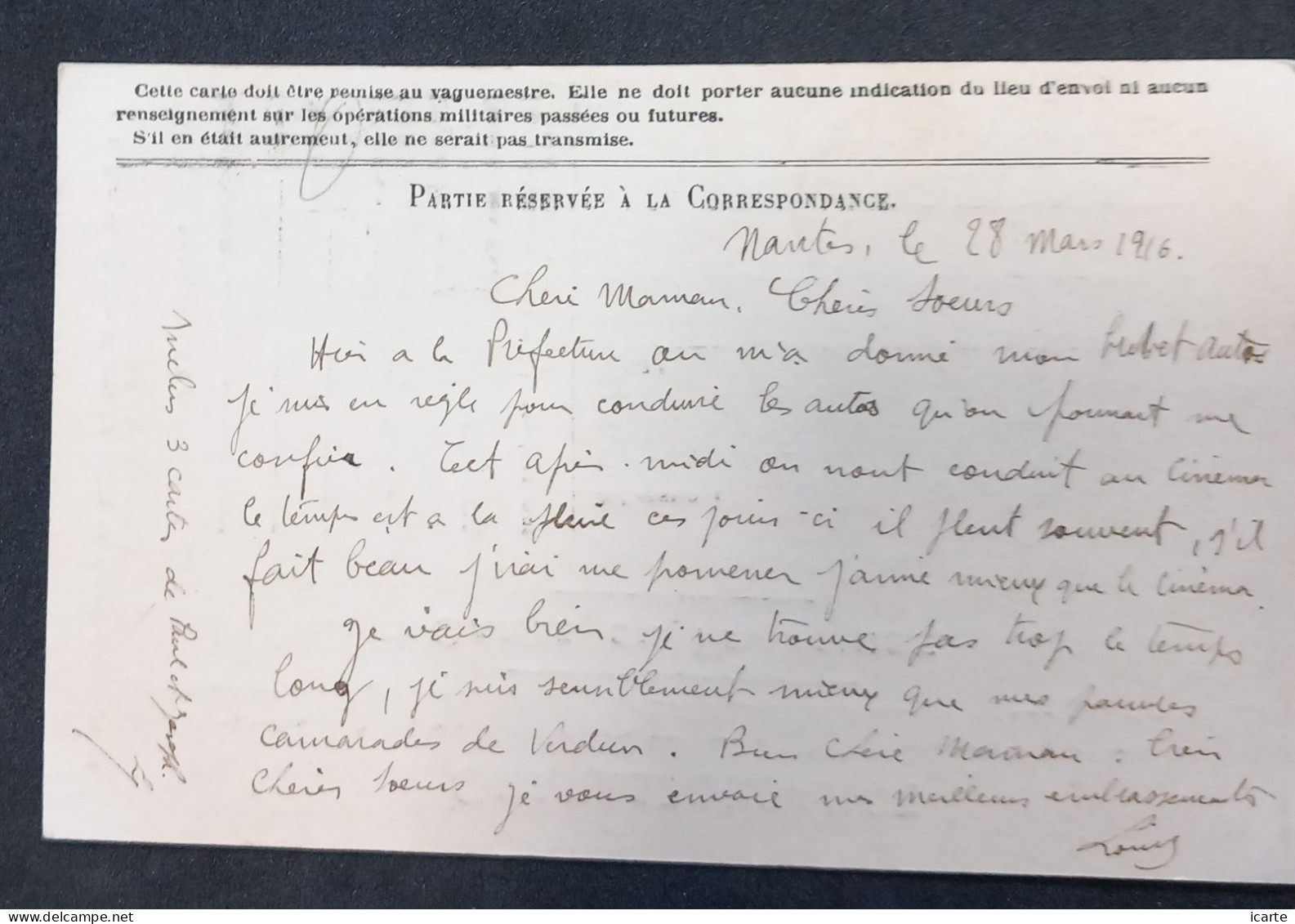 Carte De Franchise Militaire Officielle Modèle A2 Carton Blanc Variété "autremeut" Au Lieu De "autrement" - Lettres & Documents