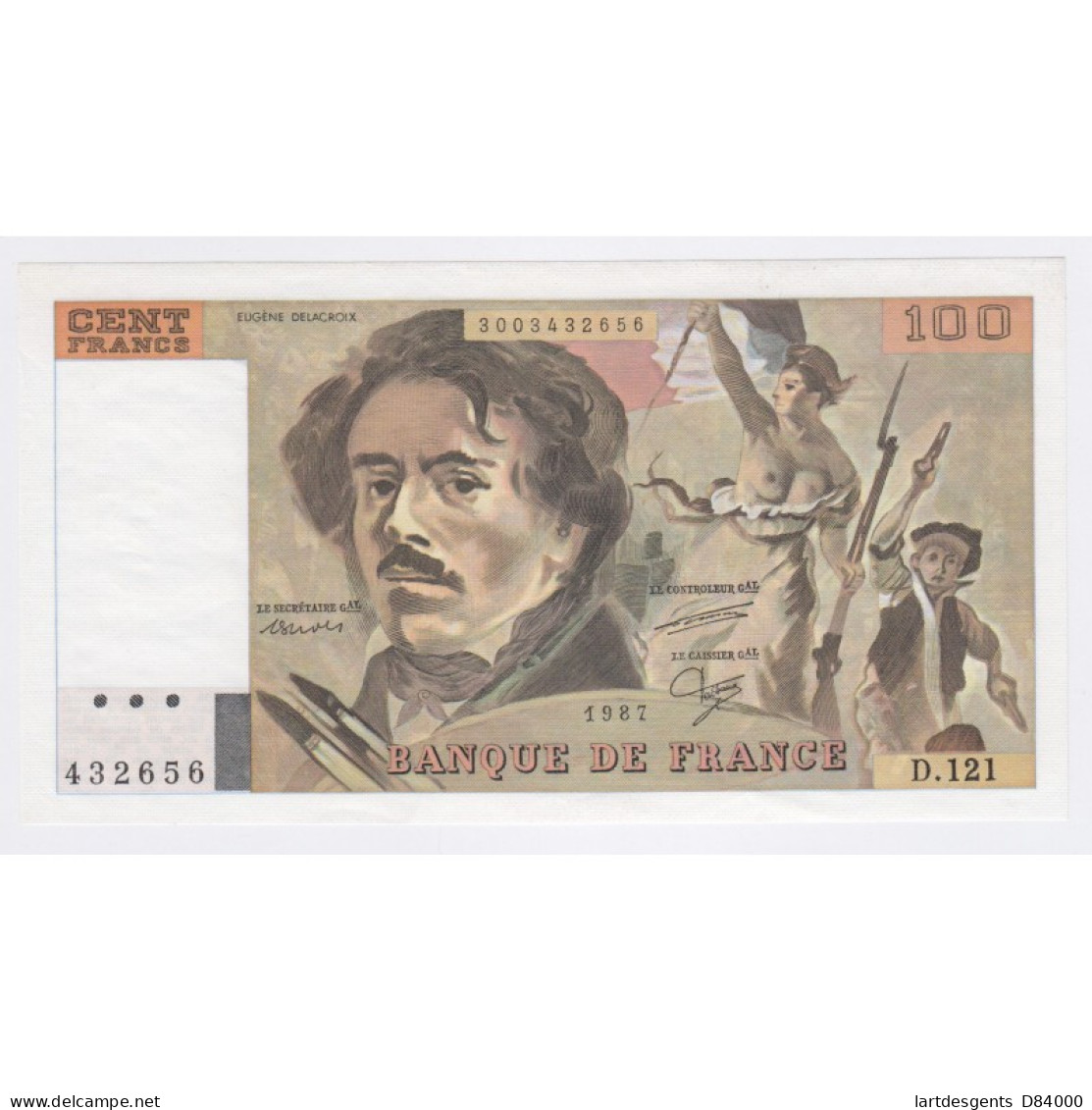 Billet France 100 Francs Delacroix 1987, D.121 432656, Neuf  Lartdesgents - 100 F 1978-1995 ''Delacroix''