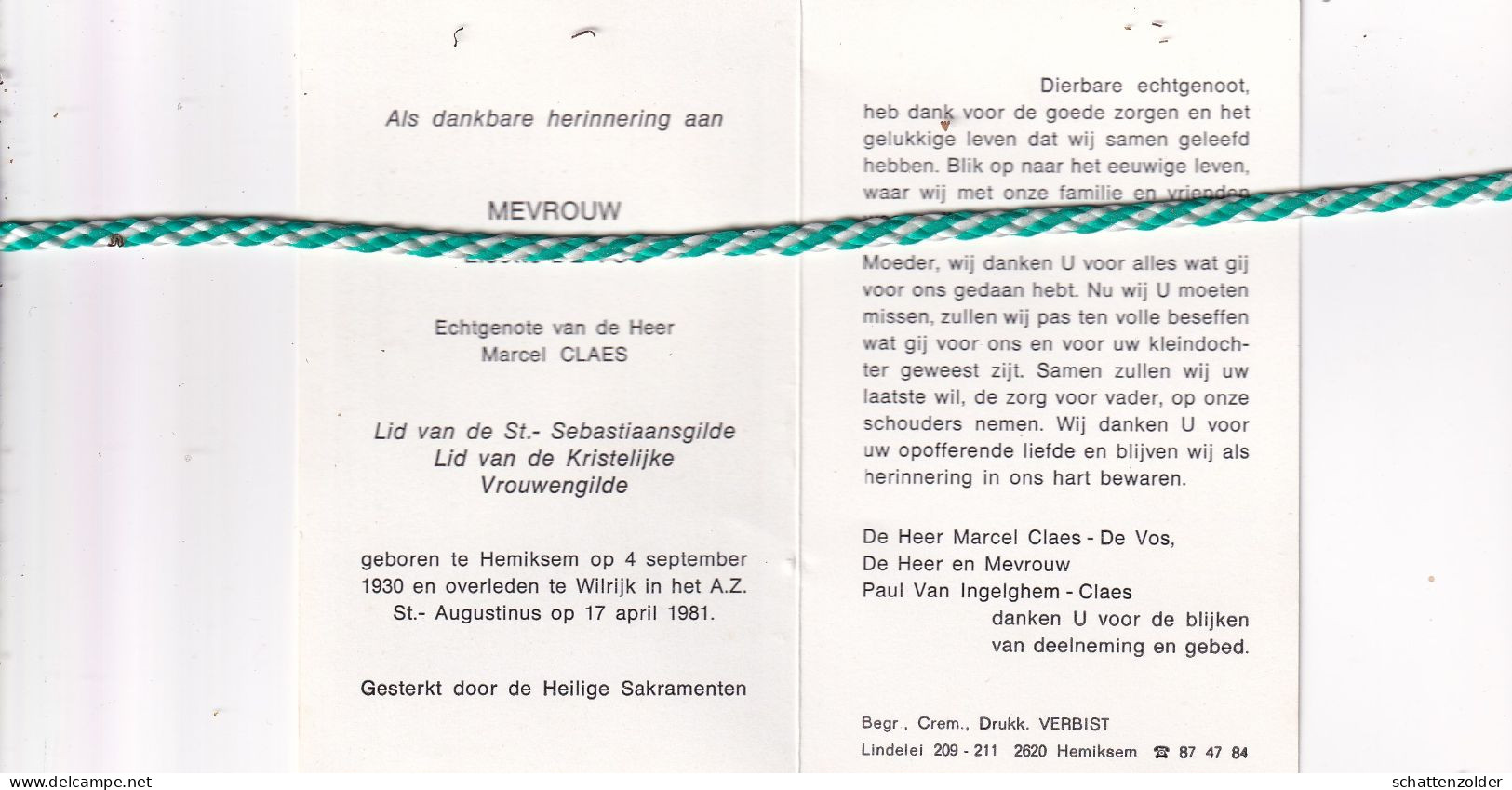 Lisette De Vos-Claes, Hemiksem 1930, Wilrijk 1981 - Avvisi Di Necrologio