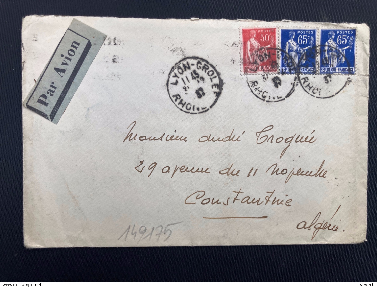 LETTRE Par Avion Pour ALGERIE TP PAIX 65c Paire + 50c OBL.31-12 37 LYON GROLEE RHONE (69) + OBL.MEC. LYON GARE AVION - 1932-39 Peace