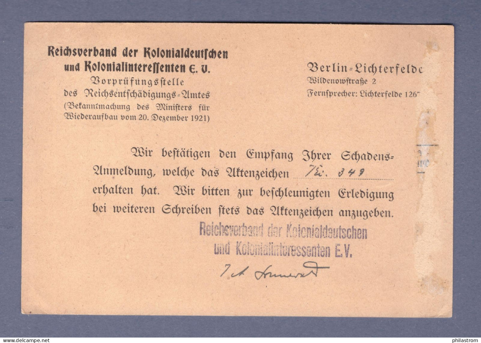 Weimar Postkarte - Reichsverband Der Kolonialdeutschen - Berlin-Lichterfelde 19.7.22  (CG13110-271) - Lettres & Documents