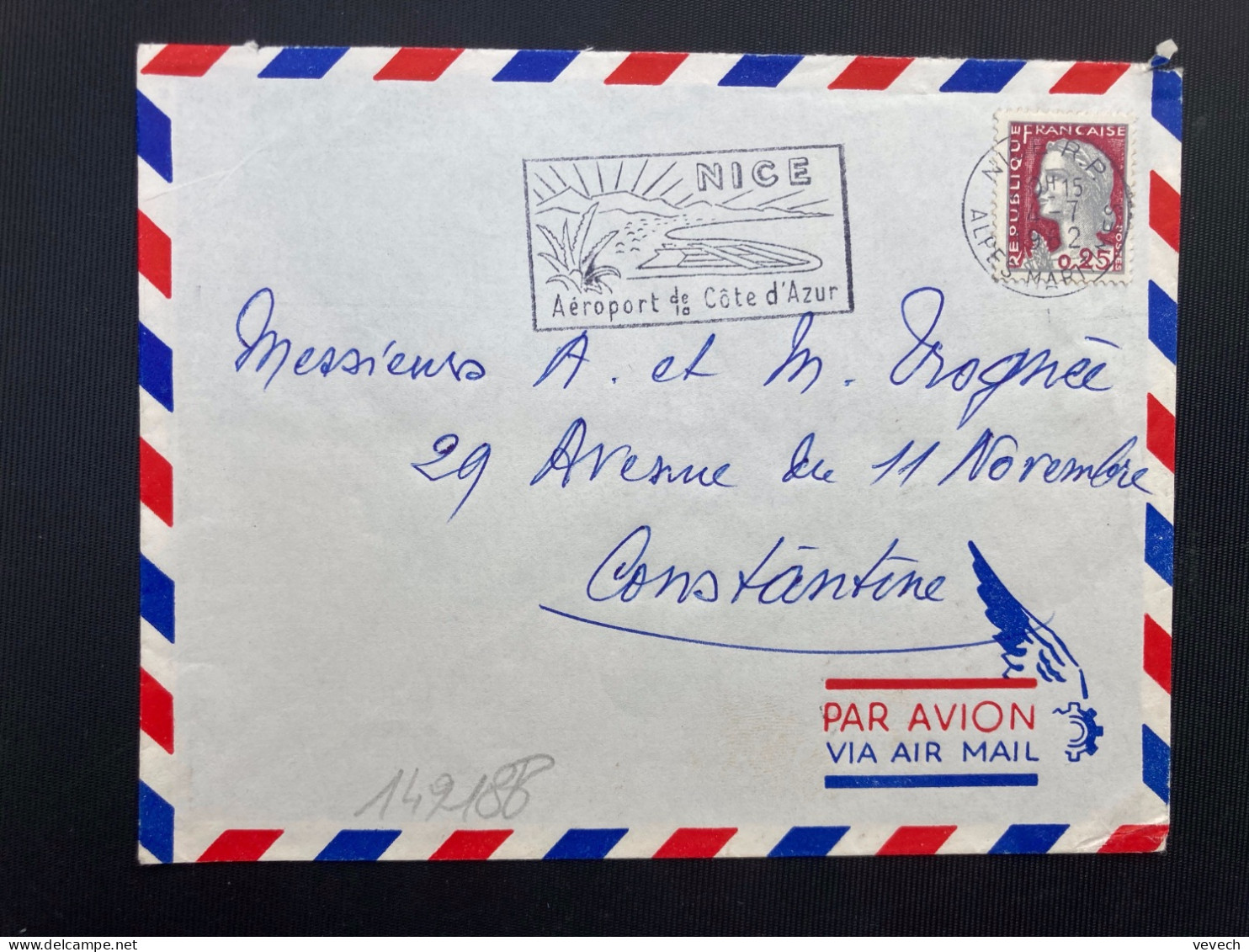 LETTRE Par Avion Pour ALGERIE TP M DE DECARIS 0,25 OBL.MEC.14-7 1962 NICE RP (06) - 1962-1965 Coq De Decaris