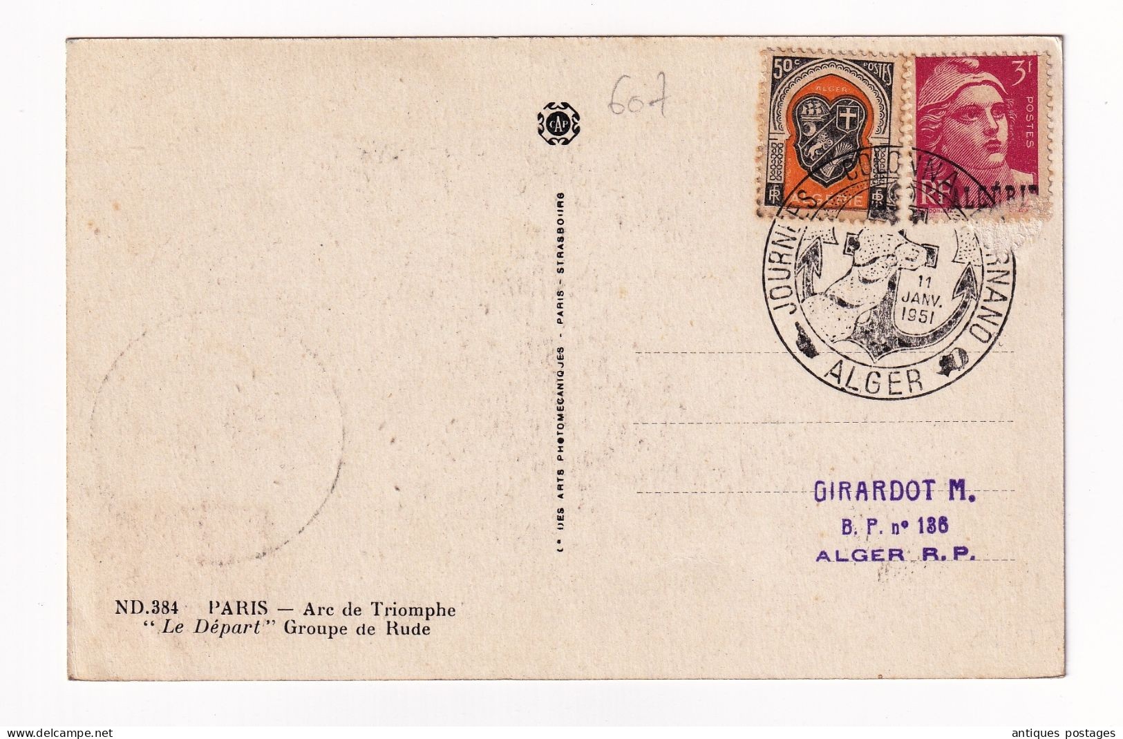 Algérie 1956 Journées Jean Colonna D'Ornano Alger Marianne Gandon 5F Arc De Triomphe Algeria Girardot - Brieven En Documenten
