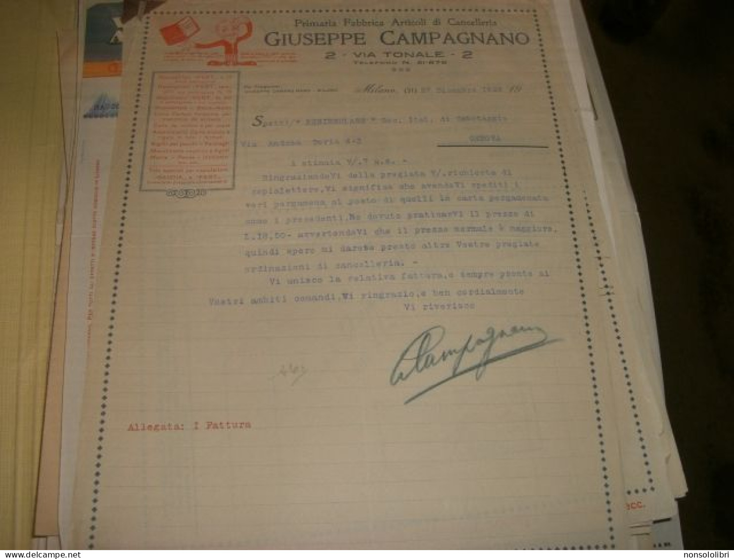 FATTURA DITTA GIUSEPPE CAMPAGNANO MILANO - Documentos Históricos