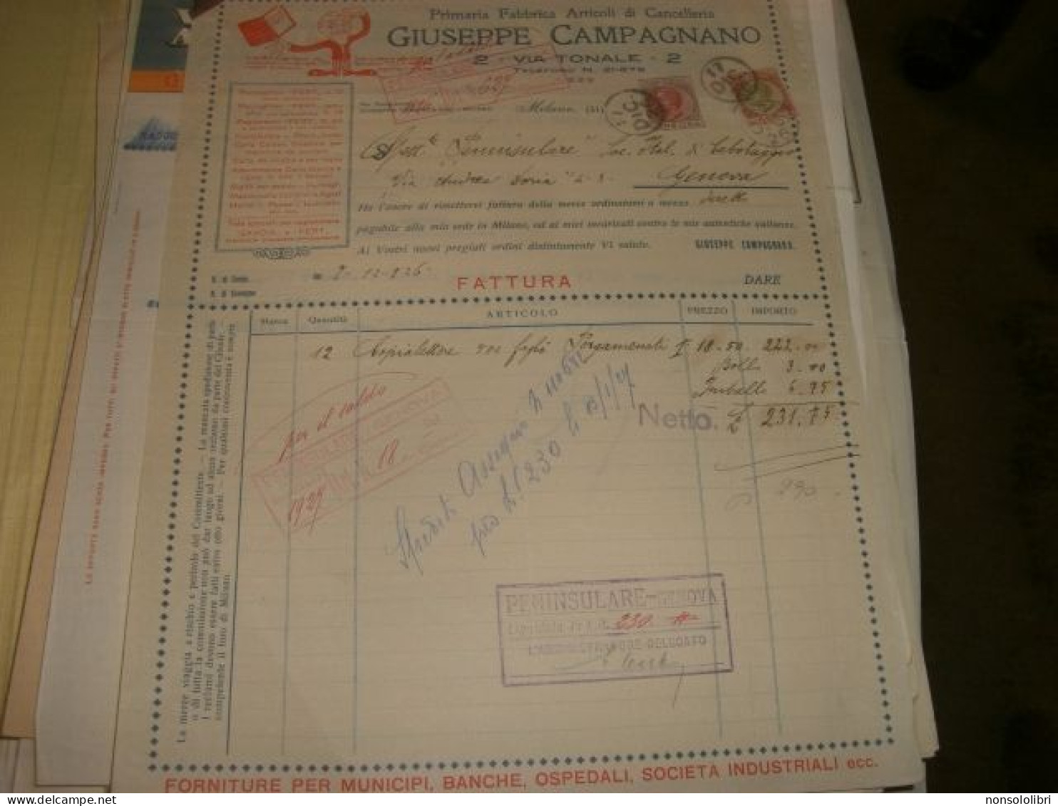 FATTURA DITTA GIUSEPPE CAMPAGNANO MILANO - Documentos Históricos