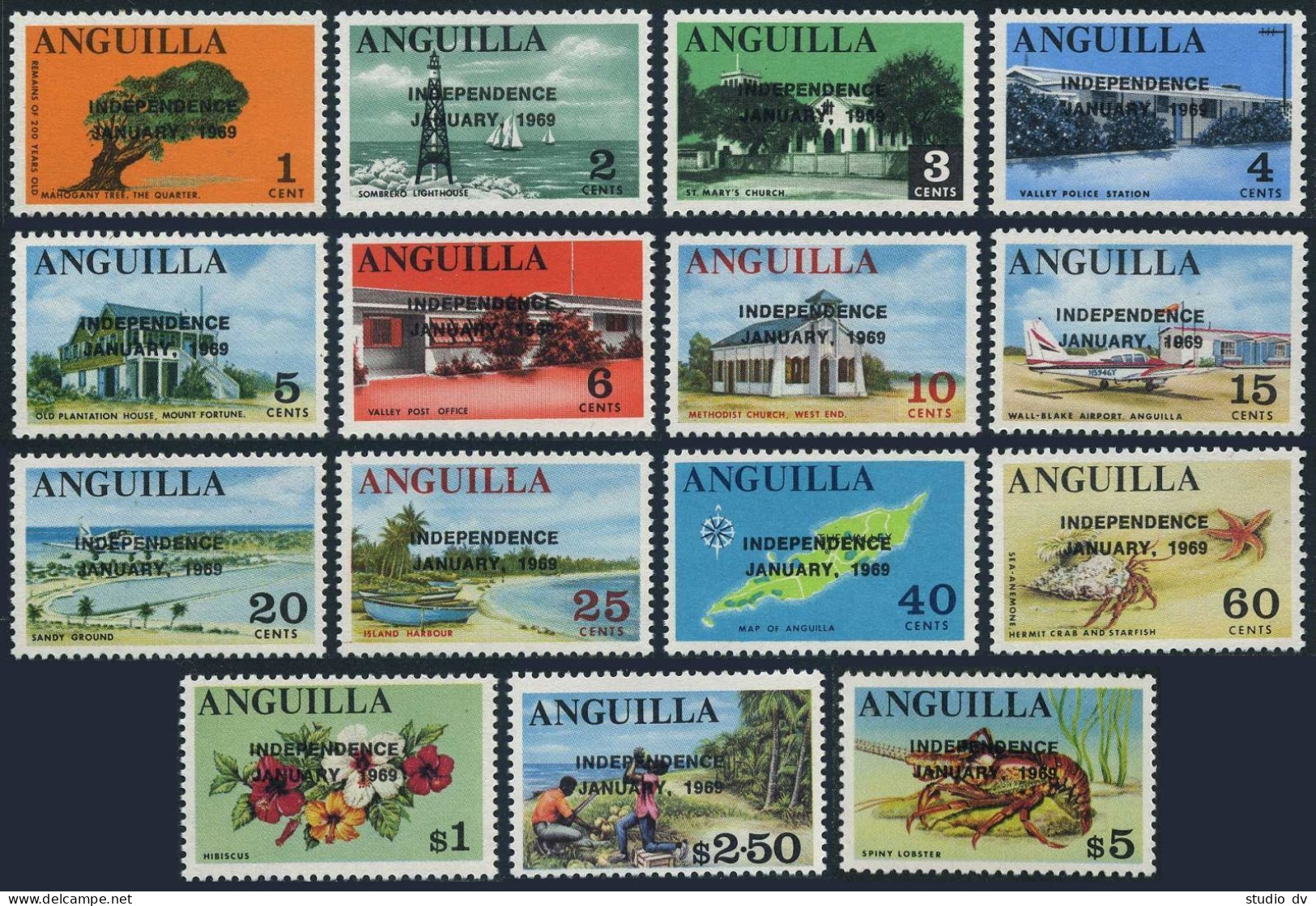 Anguilla 53-67, MNH. Mi 53-67. INDEPENDENCE 1969. Tree,Lighthouse,Police,Church, - Anguilla (1968-...)