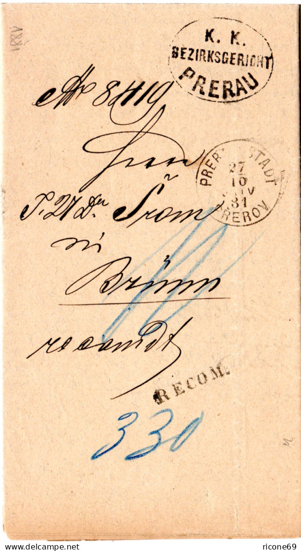 Österreich 1881, K1 PRERAU STADT U. L1 RECOM. Auf Einschreiben Gerichts Brief - Lettres & Documents