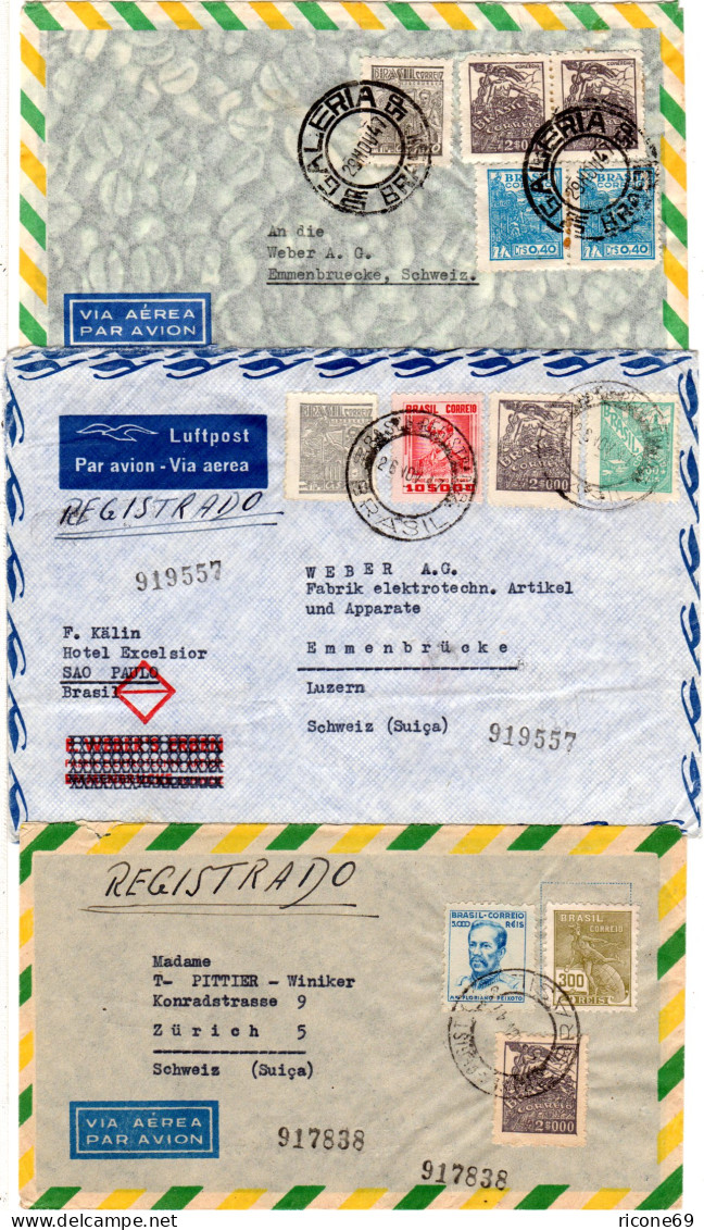 Brasilien 1947, 3 Luftpost Briefe In Die Schweiz, Dabei 1x Reko! - Storia Postale