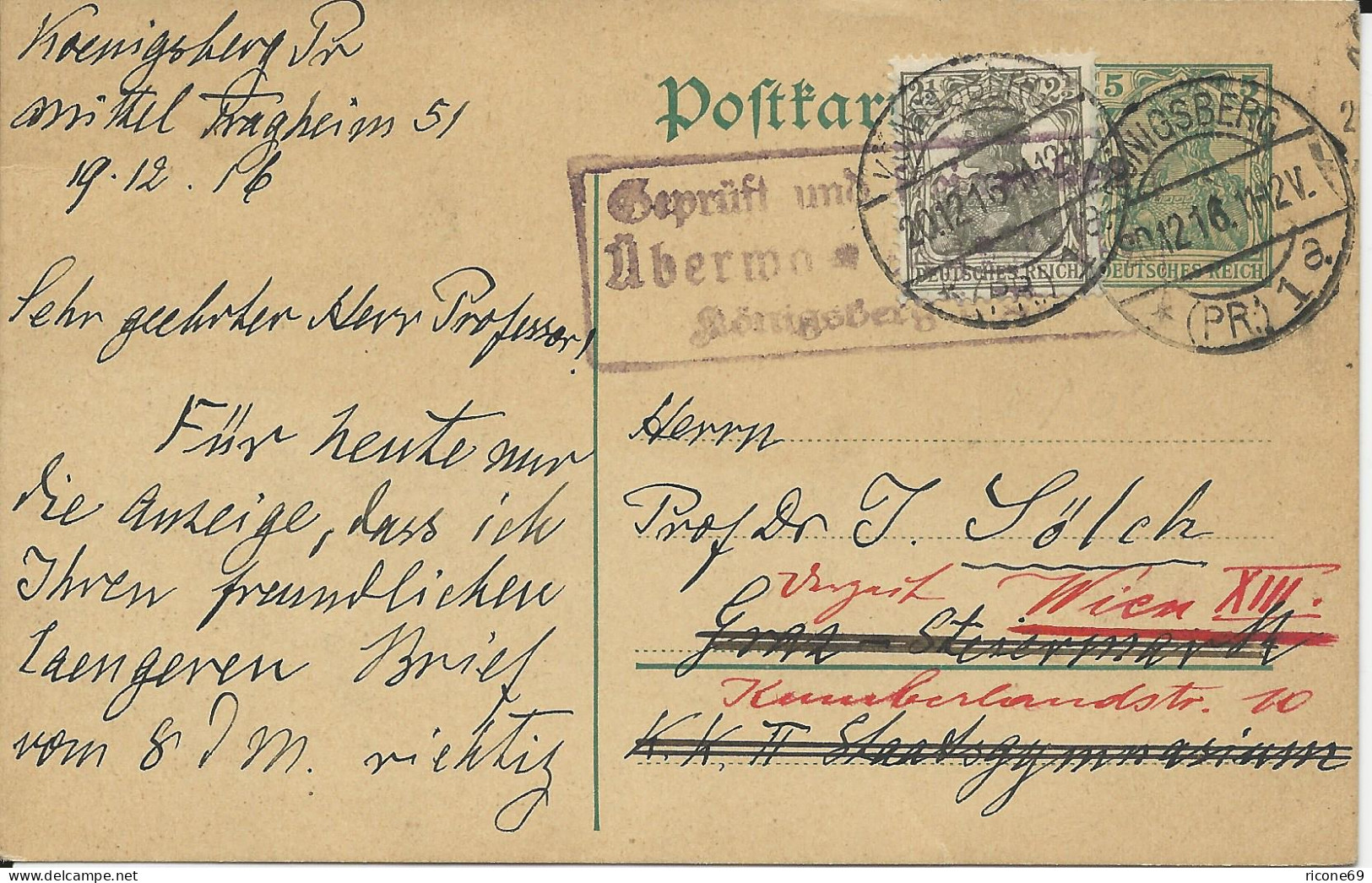 DR 1916, Ganzsache M. Zustzfrankatur V. Königsberg N. Österreich. Zensur. - Covers & Documents