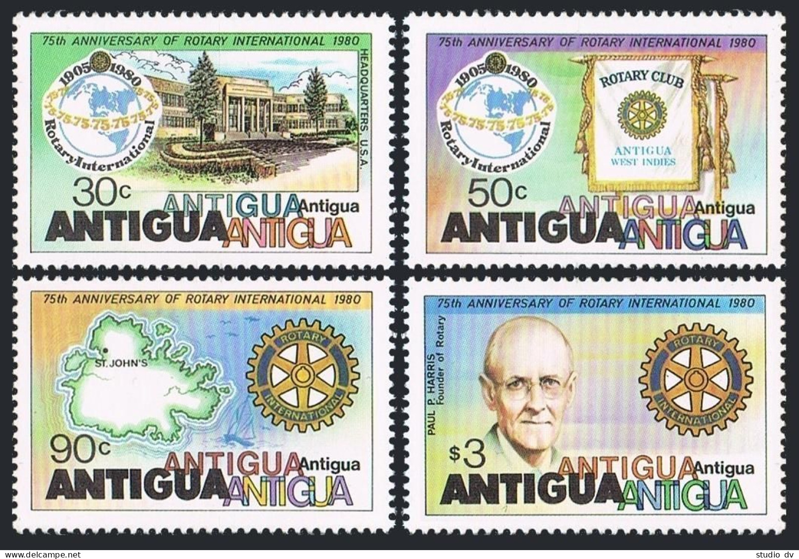 Antigua 579-582,lightly Hinged. Rotary Intl-75,1980.Map.Paul Harris,Headquarters - Antigua Et Barbuda (1981-...)