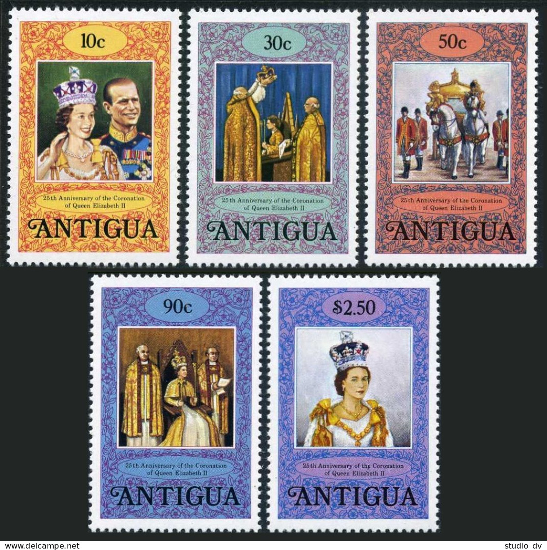 Antigua 508-512,513, MNH. Michel 504-508a,Bl.36. QE II Coronation 25th Ann.1978. - Antigua En Barbuda (1981-...)