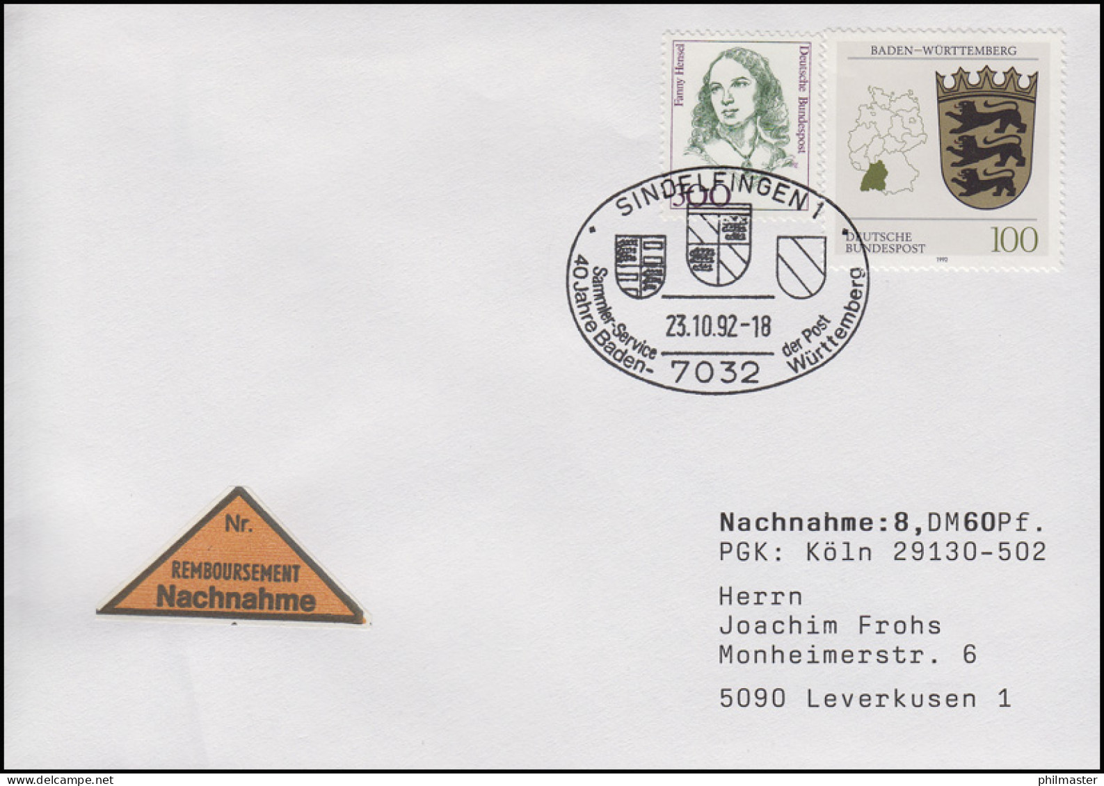 1586 Baden-Württemberg, MiF NN-Brief SSt Sindelfingen Jubiläum Wappen 23.10.1992 - Autres & Non Classés