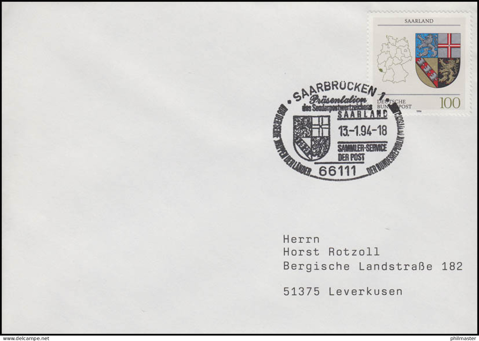 1712 Saarland, EF FDC ESSt Saarbrücken Wappen & Marken-Präsentation 13.1.1994 - Sonstige & Ohne Zuordnung