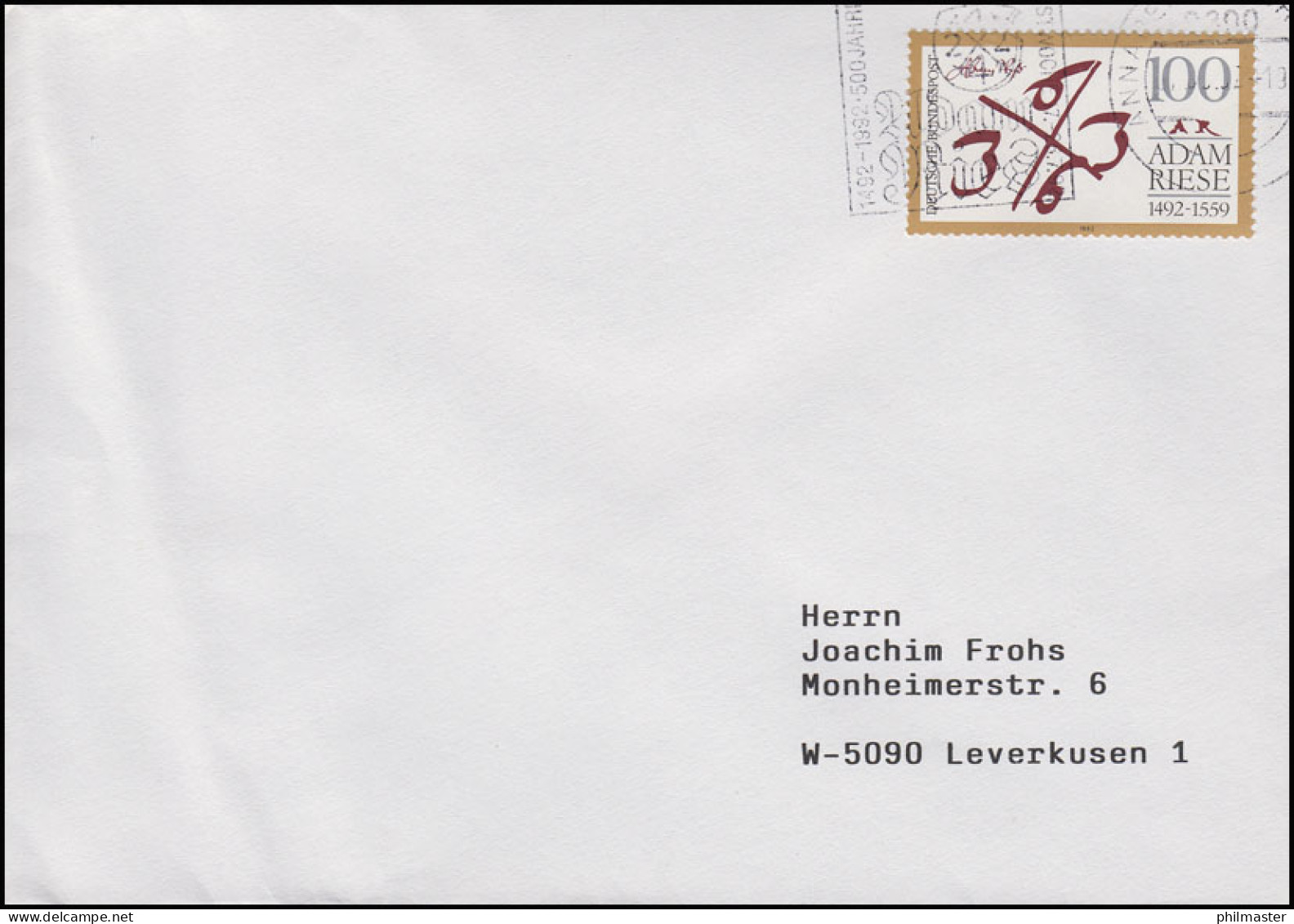1612 Adam Riese Auf Brief Annaberg-Buchholz Adam Ries Festwoche Juli 1992 - Altri & Non Classificati