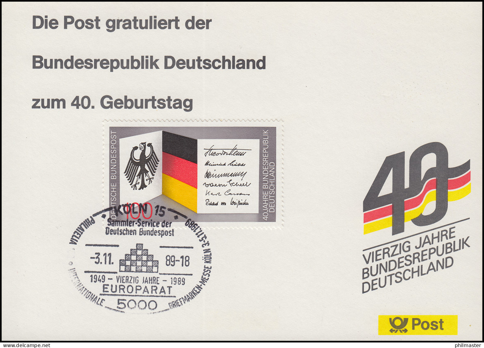 Erinnerungskarte 40. Geburtstag Der Bundesrepublik SSt Köln Europarat 3.11.89 - Andere & Zonder Classificatie