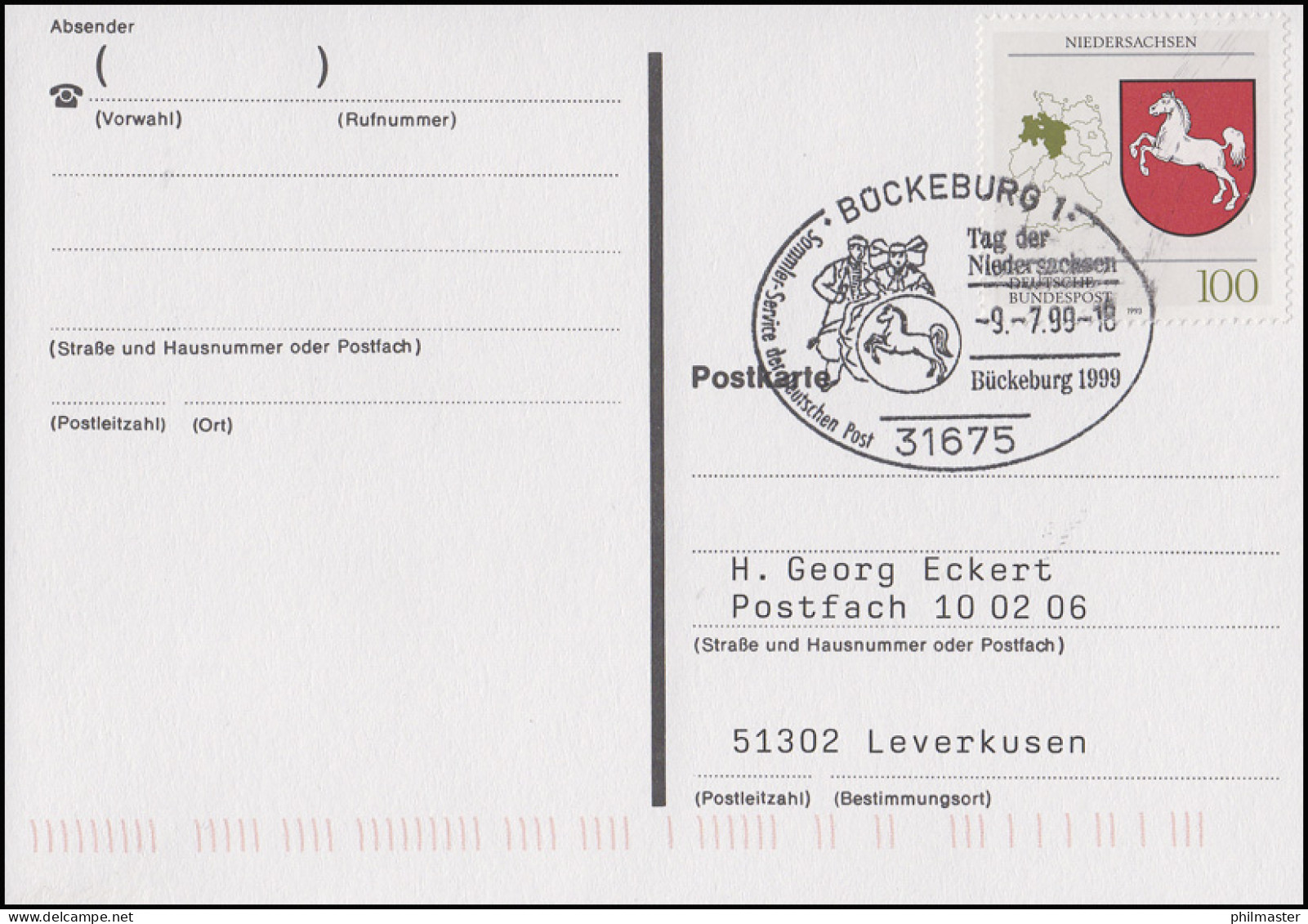 1662 Niedersachsen EF Auf Postkarte SSt Bückeburg Tag Der Niedersachsen 9.7.1999 - Andere & Zonder Classificatie