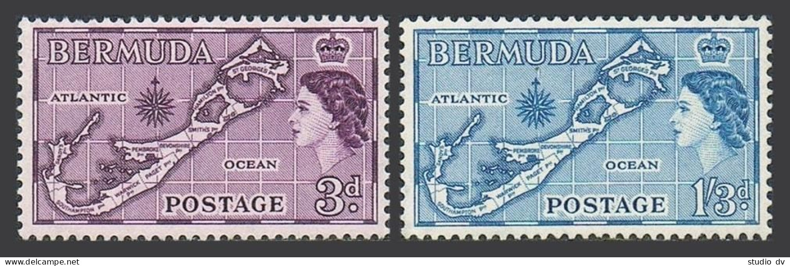Bermuda 149,157 Sandys Without ',lightly Hinged. Michel 153-154. QE II,1957.Map. - Bermudes