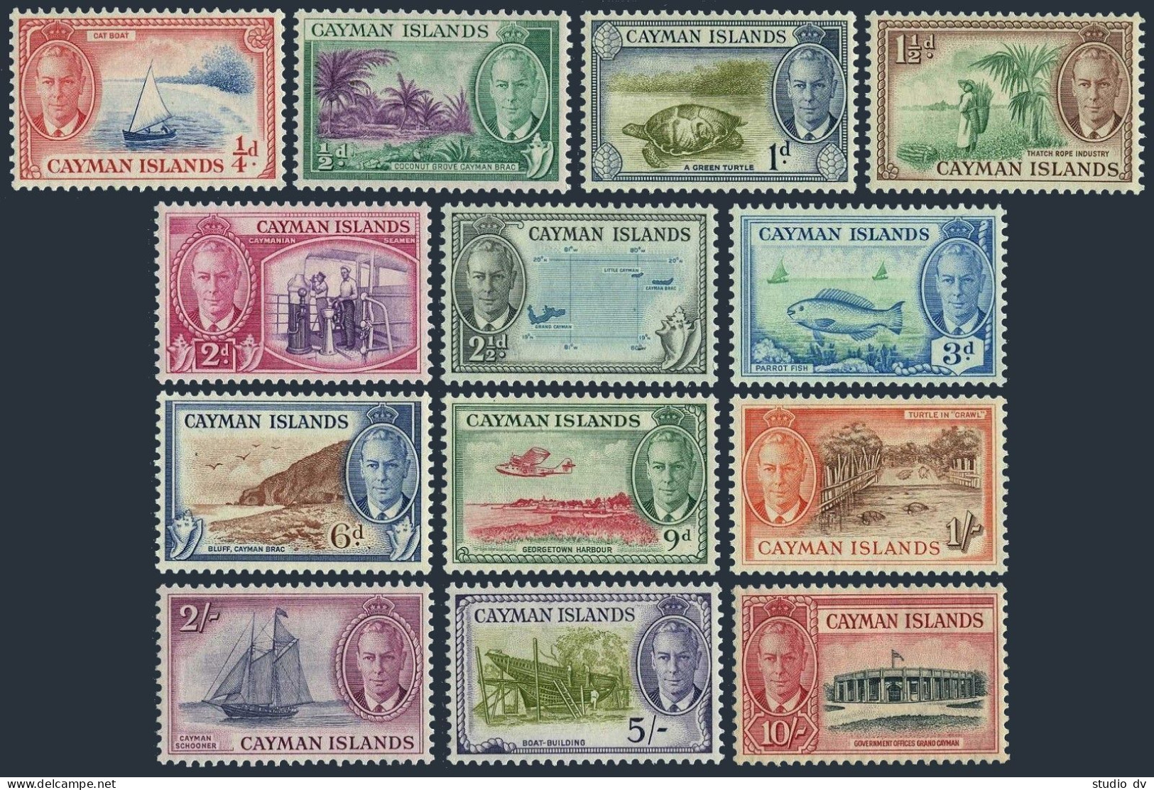 Cayman 122-134, Lightly Hinged. Mi 123-135. George VI, 1950. Boats, Fist, Turtle - Kaimaninseln