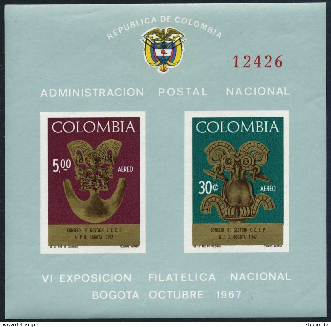 Colombia 772-C497, C496a, MNH. Mi 1111-1115, Bl.28. UPU 1967. Pre-Columbian Art. - Colombie