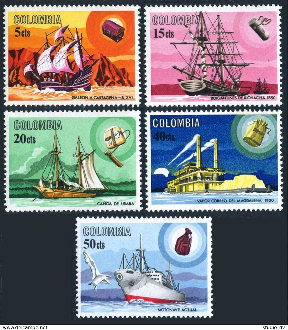 Colombia 755-759, MNH. Mi 1073-1072. History Of Maritime Mail, 1966. Ship, Bird. - Colombia