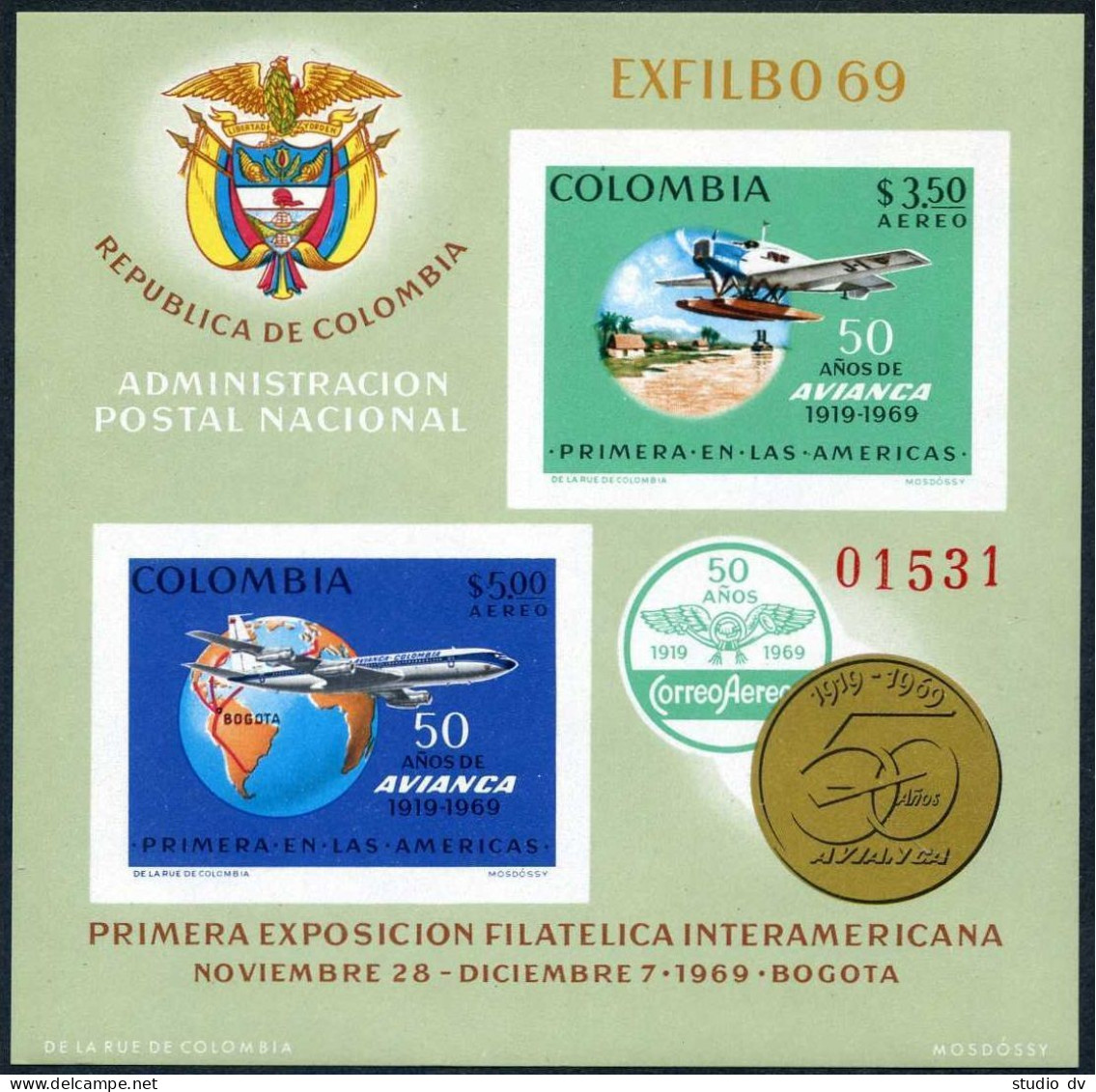 Colombia C520-C522,MNH.Mi 1156-1157,Bl.32. Junkers F-13,Globe,Boeing Jet,1969. - Colombia