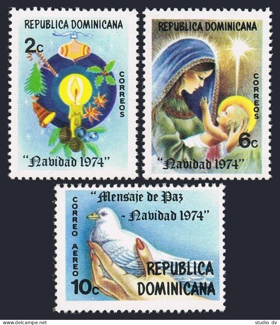 Dominican Rep 731-732, C224, MNH. Mi 1076-1078. Christmas 1974. Decorations,Dove - Dominica (1978-...)