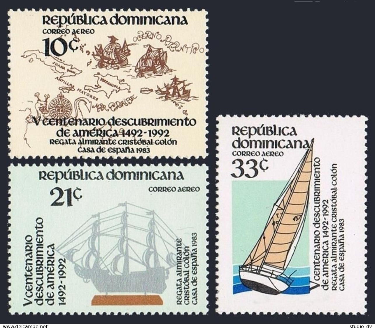 Dominican Rep C388-C391,MNH.Michel 1398-1400,Bl.39.Columbus-491,1983.Ships,Yacht - Repubblica Domenicana