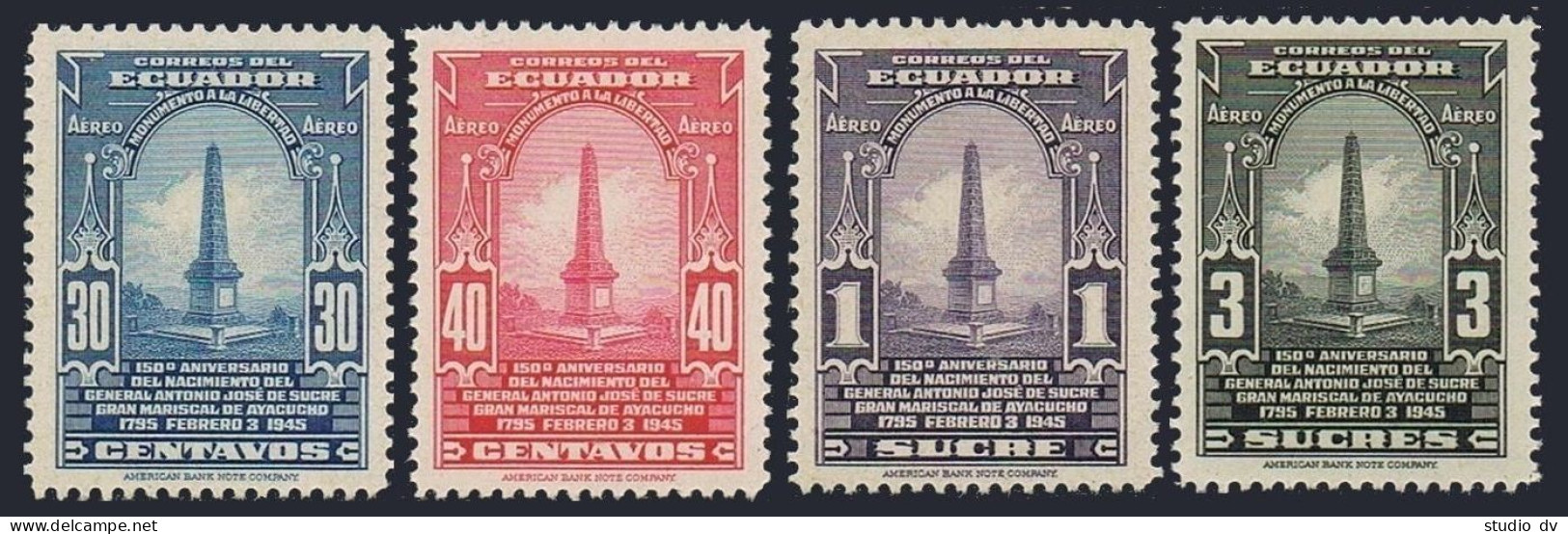 Ecuador C142-C147, MNH. Mi 578-581. Antonio De Sucre. Monument To Liberty, 1945. - Ecuador