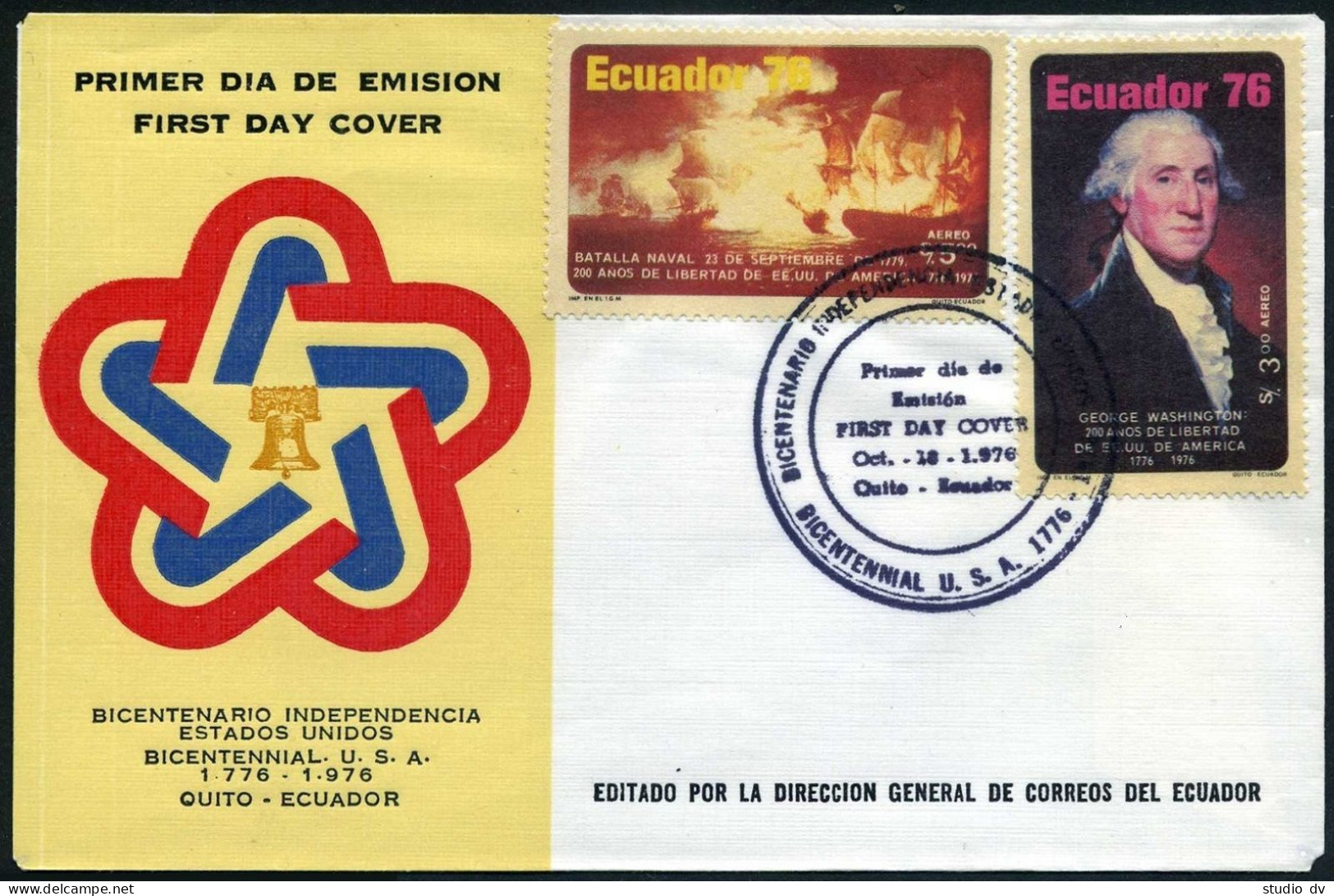 Ecuador C589-C590,FDC.Michel 1734-1735. USA-200,1976.Naval Battle.Washington. - Ecuador