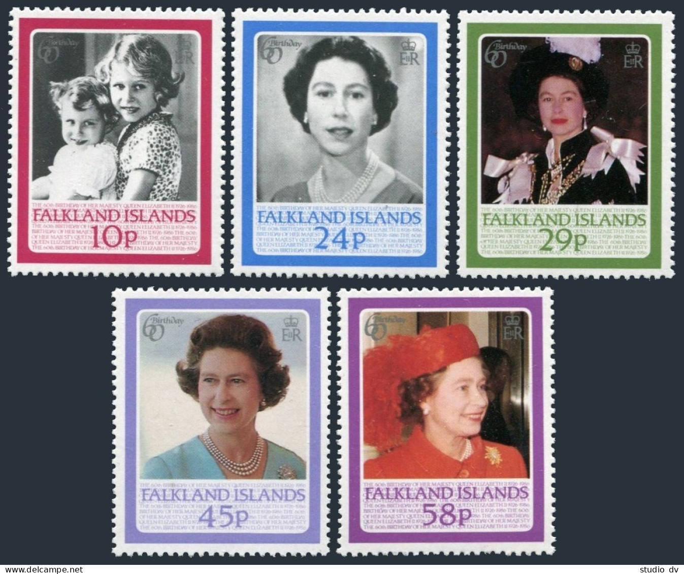Falkland 441-445, MNH. Michel 444-448. Queen Elizabeth II-60, 1986. Portraits. - Falkland