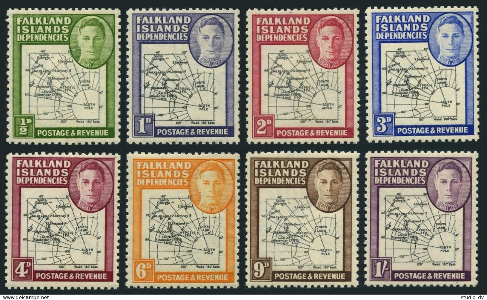 Falkland Depend 1L 1-1L8, MNH. Michel 1-3,5-9. George VI. Map Of Falkland, 1946. - Falklandeilanden