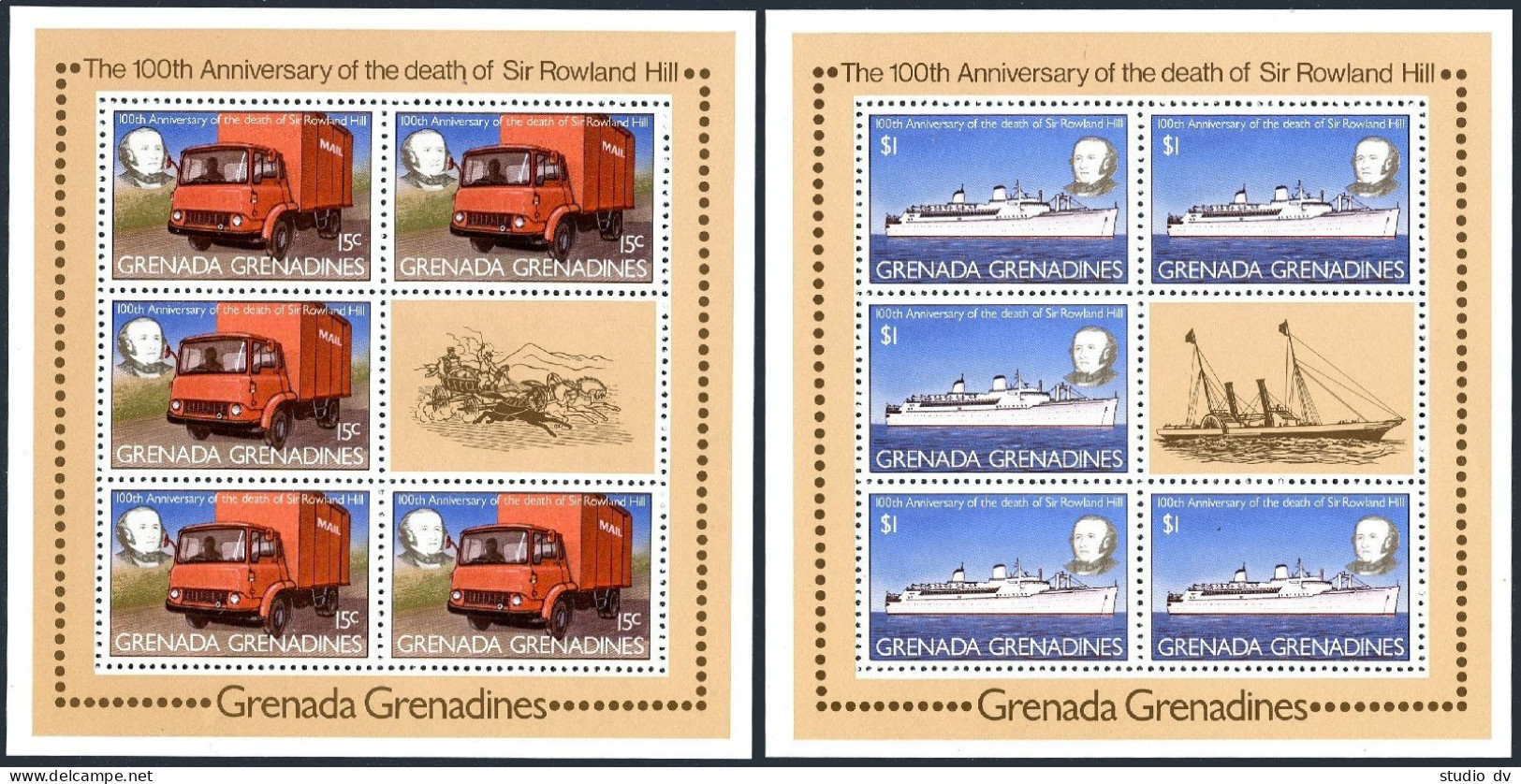 Grenada Gren 328-331 Sheets,MNH. Sir Rowland Hill,1979.Mail Truck,Train,Liner, - Grenada (1974-...)