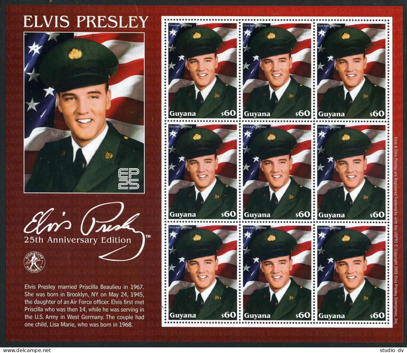 Guyana 3726-3727 Sheets,MNH. Elvis Presley,2002.In Army Uniform,Singing. - Guyana (1966-...)