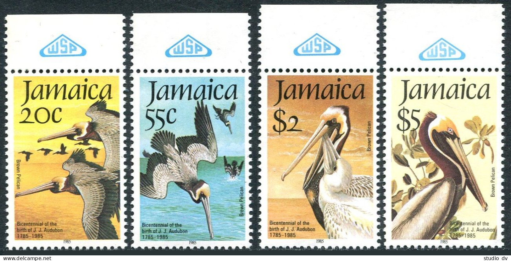 Jamaica 595-598, 598a, MNH. Mi 603-606, Bl.25. John Audubon 1985. Brown Pelican. - Jamaica (1962-...)