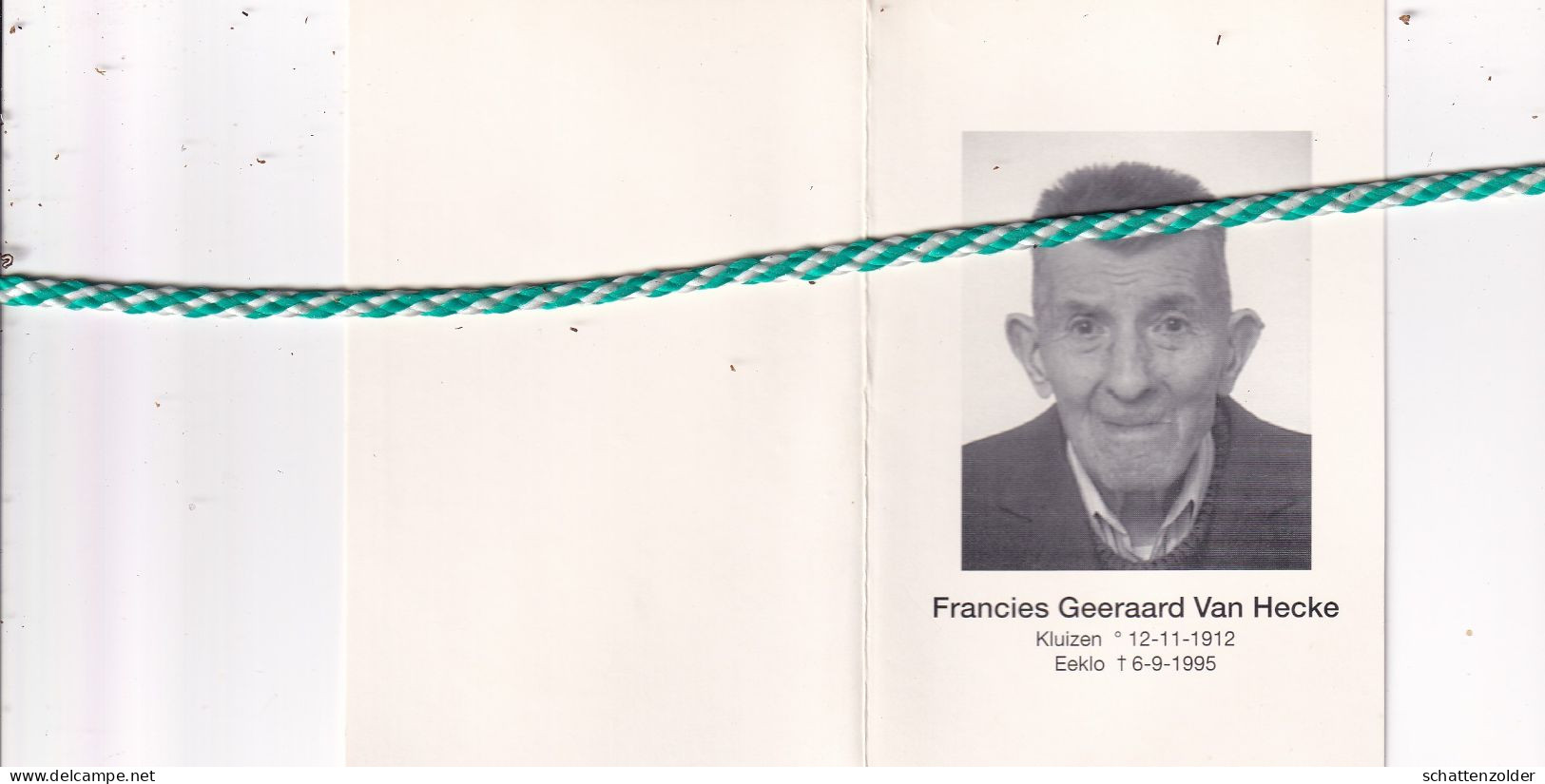 Francies Geeraard Van Hecke-De Muynck-De Baets, Kluizen 1912, Eeklo 1995. Oud-strijder 40-45; Foto - Esquela