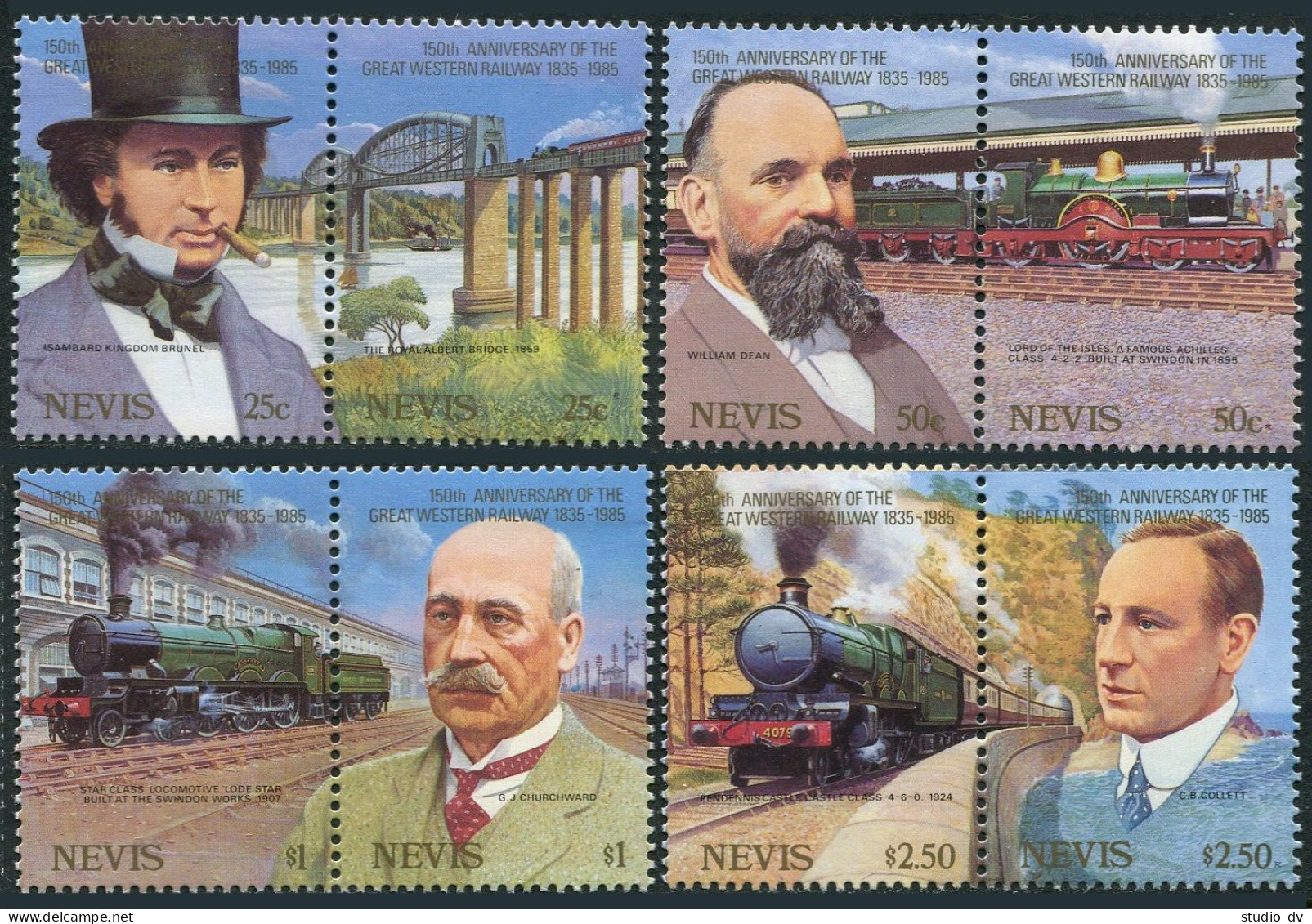 Nevis 438-441,MNH.Michel 306-313. Great Western Railway-150,1985.Engineers. - St.Kitts And Nevis ( 1983-...)