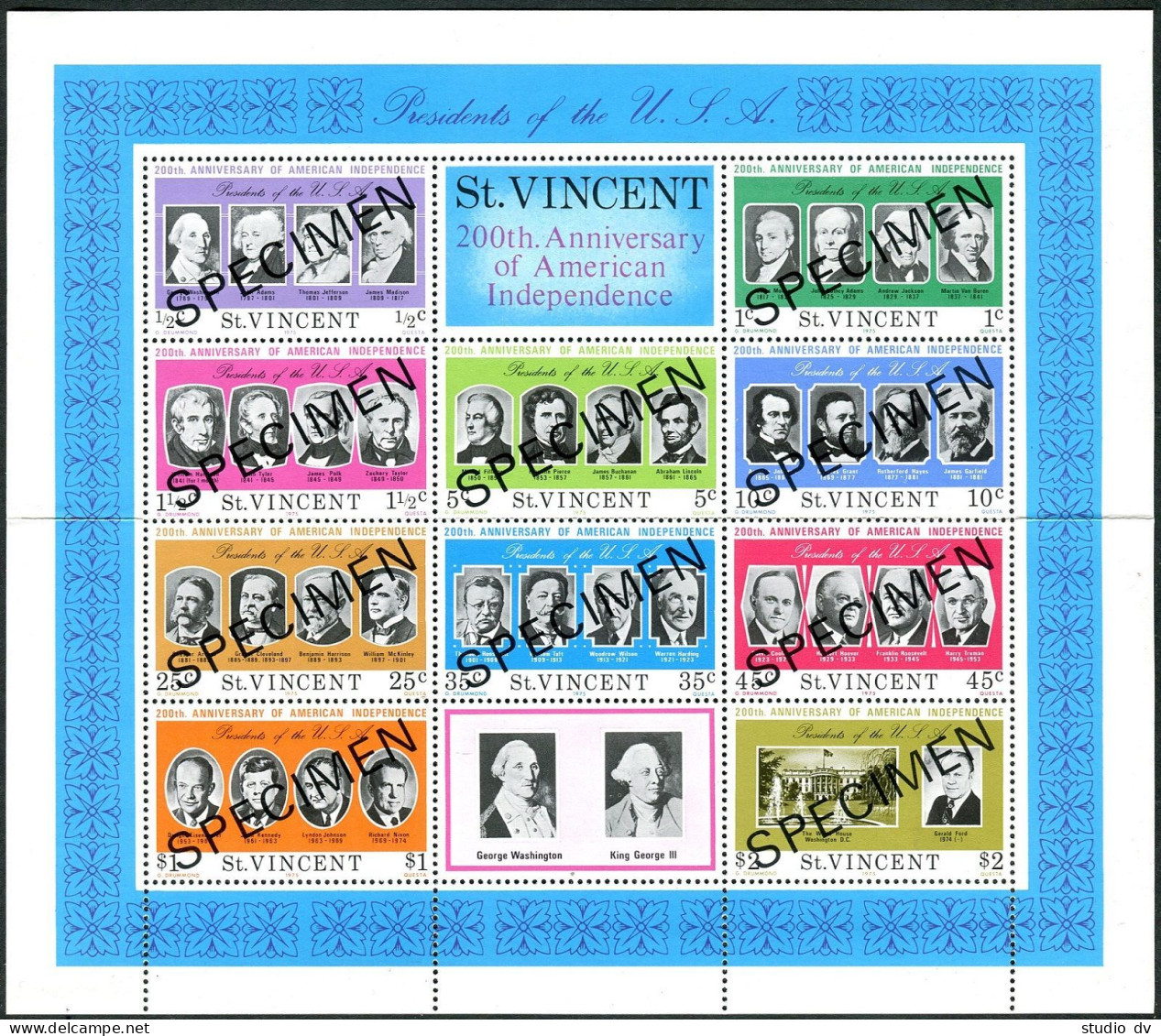 St Vincent 444a SPECIMEN Sheet, MNH-folded. Mi Bl.5. USA-200,1976.Presidents. - St.Vincent (1979-...)